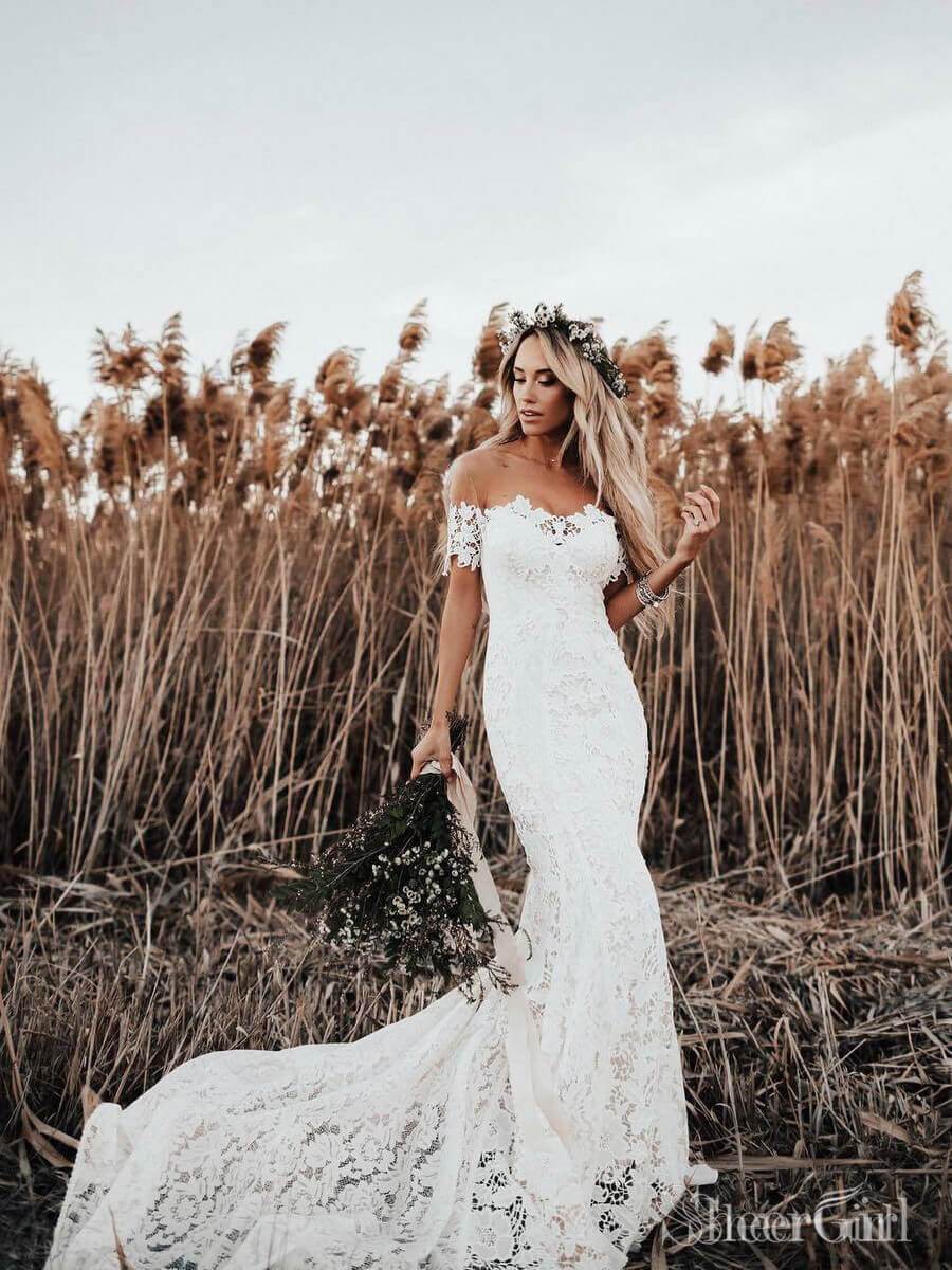 White Mermaid Lace Rustic Wedding Dresses Off the Shoulder Beach Wedding Dress – SheerGirl